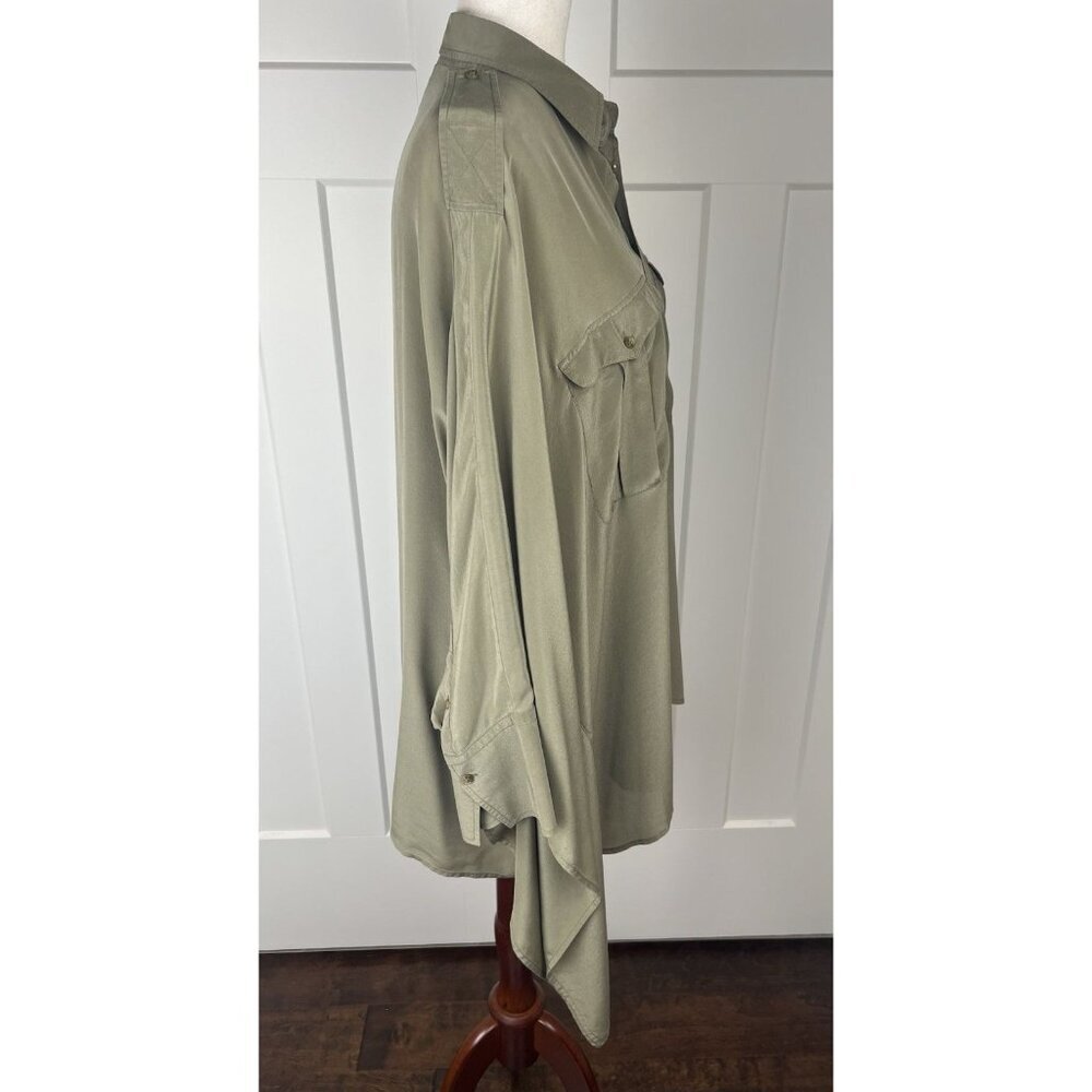 Polo Ralph Lauren 100% Silk Blouse Batwing Oversize Olive Green Asymmetrical M/L - Picture 9 of 11